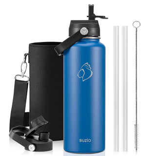 BUZIO 40oz Insulated Water Bottle, Triple Wall Vacuum Stainless Steel Water Flask with 2 lids, Lead-Free BPA-Free Straw Lid Sports Canteen Jug, Cold 48H & Hot 24H- Black