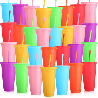 Honeydak 15 Pack Tumbler with Straw and Lid Bulk Cups for Gifts Water Bottle Iced Coffee Travel Mug Cup Reusable Plastic Tumblers for Party Birthdays 24-27 oz (Solid Color)