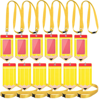Harloon 6 Pcs Teacher ID Badge Holder with Lanyard Back to School Teacher Gifts Bulk PU Cute Composition Notebook Pencil Crayon Apple ID Badge Holder for First Day of School Stuff Office Gifts Decor