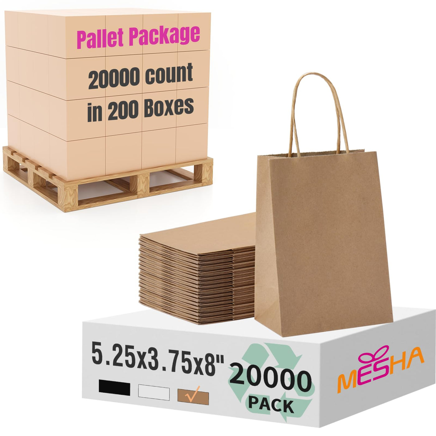 MESHA Brown Paper Bags 8x4.25x10.5 Inch 20Pcs, Paper Bags with Handles, Sturdy Brown Gift Bags for Retail, Birthday Party Favors, Shopping, Small Business (Made in USA)