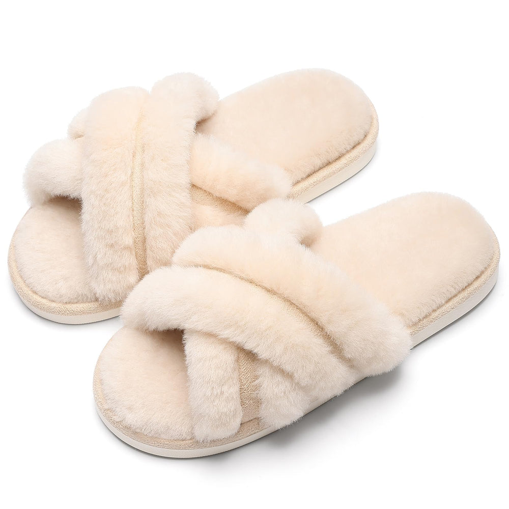 Evshine Women's Fuzzy Slippers Cross Band Memory Foam House Slippers Open Toe