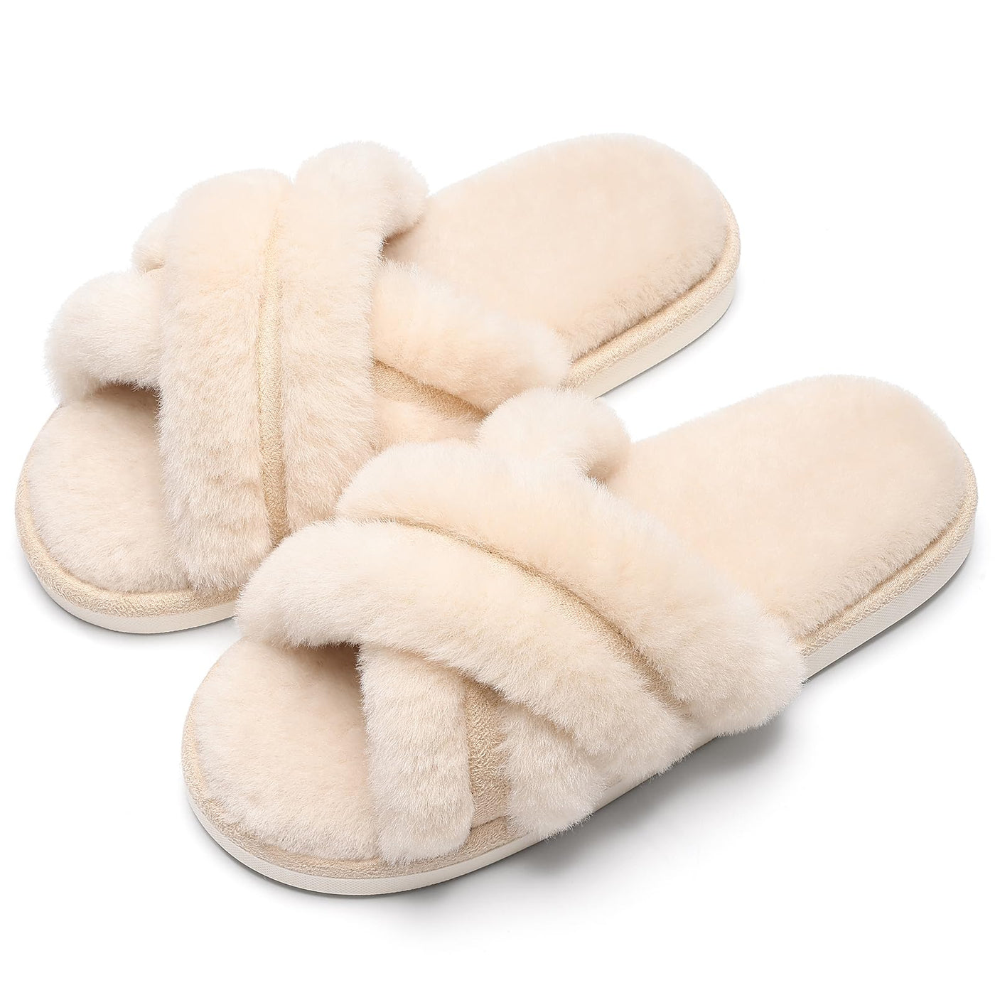 Evshine Women's Fuzzy Slippers Cross Band Memory Foam House Slippers Open Toe