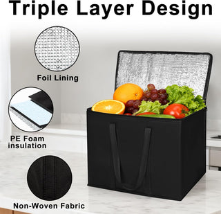 JNYONG 2 Pack Insulated Reusable Grocery Shopping Bags with zippered top,Food Delivery Bag,Collapsible Cooler Bag for Frozen Foods