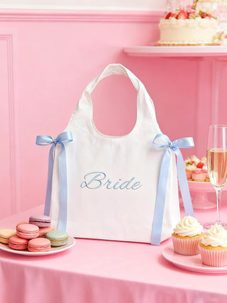 White Canvas Bride Tote Bag with Blue Satin Bows - Large Bridal Shower Gift Bag, Bachelorette Party Favor, Wedding Day Tote for Bride to Be & Bridesmaids