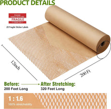 Honeycomb Packing Paper,12 inch x 200 ft Bubble Cushioning Wrap for Packing Moving,Products Gifts Wrapping Paper,Recyclable and Biodegradable Shipping Packing Materials with 20 Fragile Sticker Labels