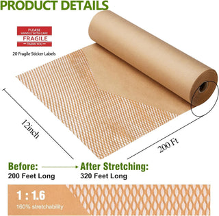 Honeycomb Packing Paper,12 inch x 200 ft Bubble Cushioning Wrap for Packing Moving,Products Gifts Wrapping Paper,Recyclable and Biodegradable Shipping Packing Materials with 20 Fragile Sticker Labels