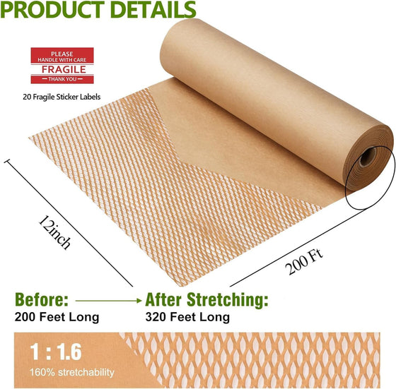 Honeycomb Packing Paper,12 inch x 200 ft Bubble Cushioning Wrap for Packing Moving,Products Gifts Wrapping Paper,Recyclable and Biodegradable Shipping Packing Materials with 20 Fragile Sticker Labels - hover image