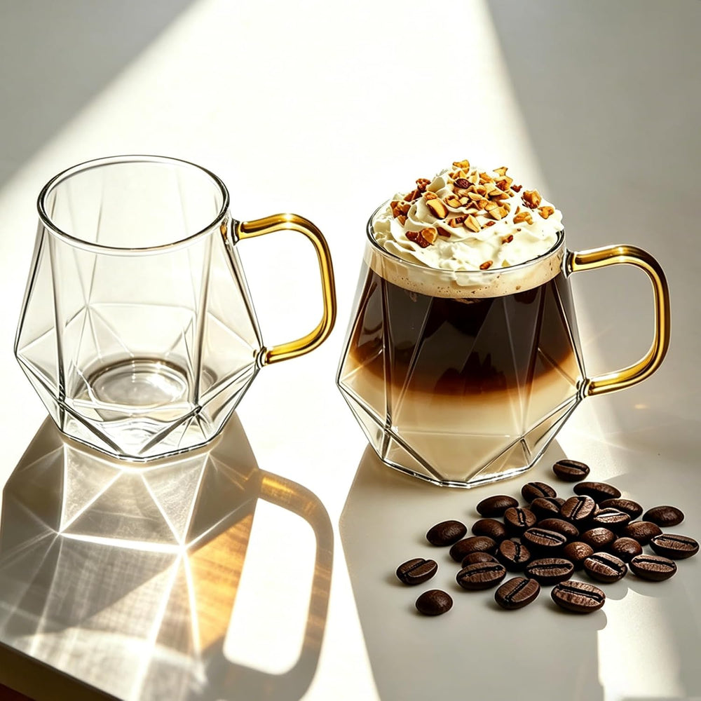 Glass Coffee Mugs with Gold Handle, Set of 2 Clear Geometric Glass Cups, 12 oz / 350 ml, Heat Resistant, Perfect for Latte, Cappuccino, Tea, Espresso Juice, Cocktails, Modern Kitchen & Barware