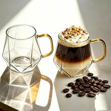 Glass Coffee Mugs with Gold Handle, Set of 2 Clear Geometric Glass Cups, 12 oz / 350 ml, Heat Resistant, Perfect for Latte, Cappuccino, Tea, Espresso Juice, Cocktails, Modern Kitchen & Barware