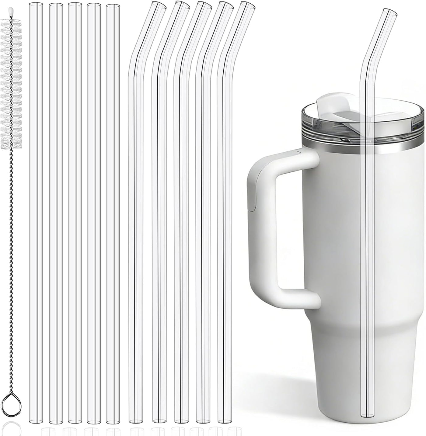 PROOCI 10-Pack 12" Replacement Straws for Stanley & Yeti 30oz-40oz Cup Tumbler, Food Grade Tritan Plastic Reusable Straws with Cleaning Brush, Clear Long Straw for Drinking Smoothie, Cocktails, Juice