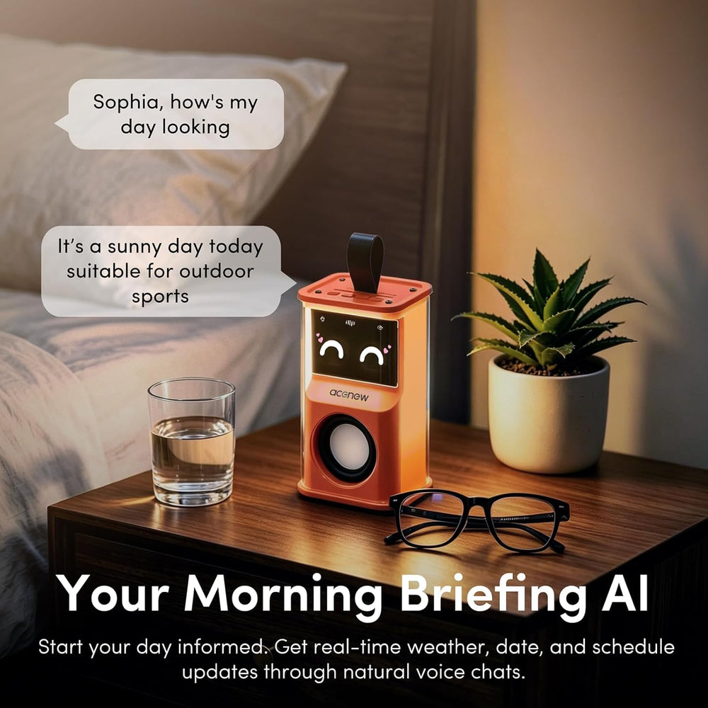 Smart AI Alarm Clock - Sophia Interactive Voice Controlled Bedside Clock, WiFi Network Speaker with Emoji Display, Intelligent Sleep Assistant & Water Reminder,Tech Gift for Men, Women & Office