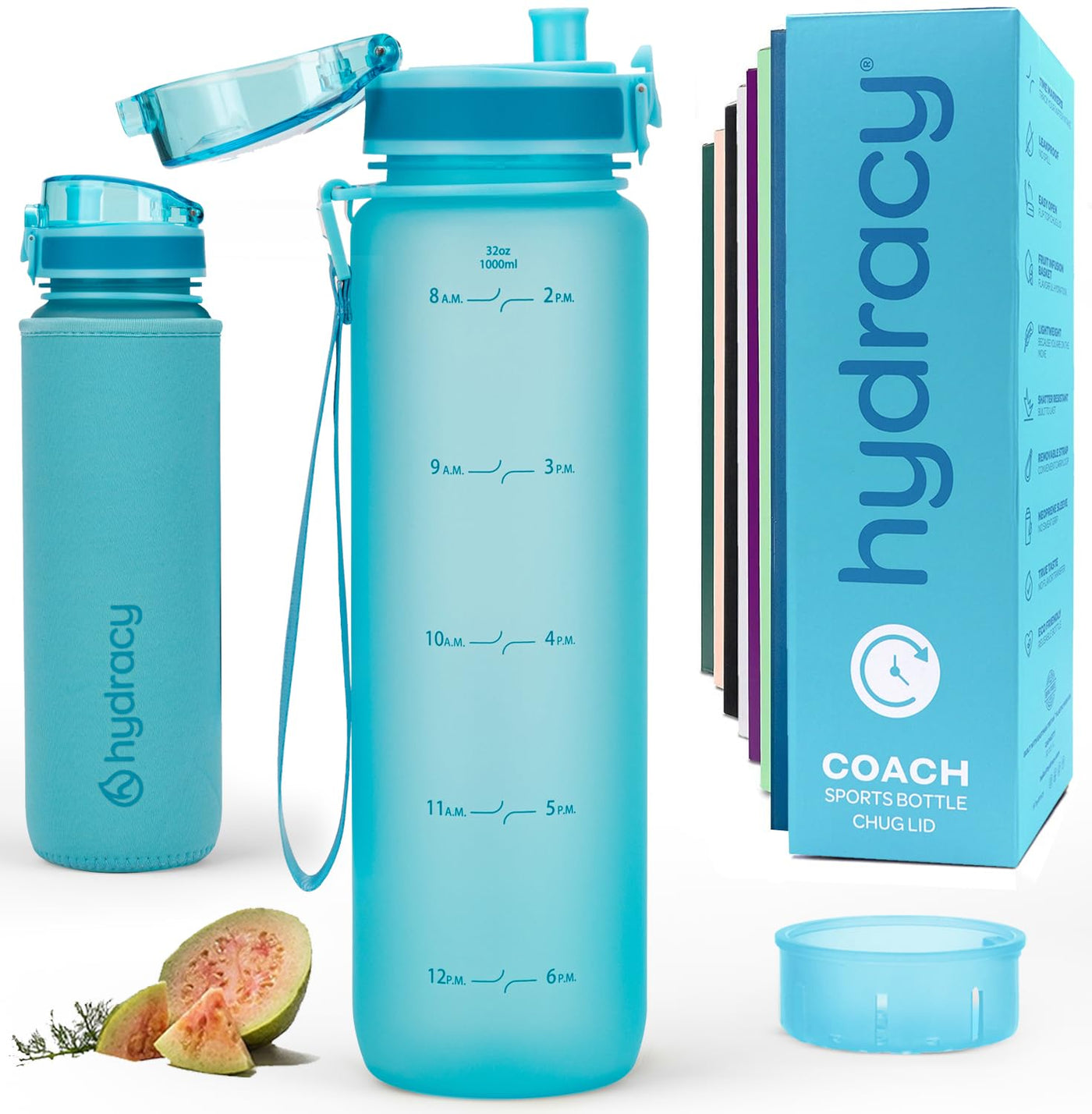 Hydracy Water Bottle with Time Marker -Large BPA Free Water Bottle & No Sweat Sleeve -Leak Proof Gym Bottle with Times to Drink - Ideal for Fitness Sports & Outdoors
