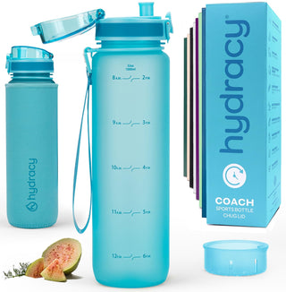 Hydracy Water Bottle with Time Marker -Large BPA Free Water Bottle & No Sweat Sleeve -Leak Proof Gym Bottle with Times to Drink - Ideal for Fitness Sports & Outdoors