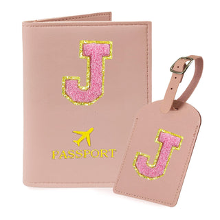 COSHAYSOO Purple Passport Cover Holder and Initial Luggage Tag Set TSA Approved with Personalized Monogram Chenille Letter Patch for Women Teen Girls, Cute Travel Bag Suitcase Identifier (A)