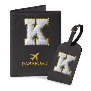 COSHAYSOO Purple Passport Cover Holder and Initial Luggage Tag Set TSA Approved with Personalized Monogram Chenille Letter Patch for Women Teen Girls, Cute Travel Bag Suitcase Identifier (A)
