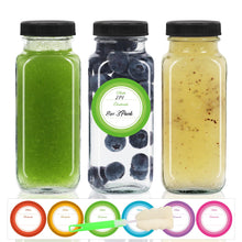 STARSIDE 8 oz 3 Pack Glass Juice Bottles with Lids - Square Reusable Drinking Jars for Juicing, Milk, Kombucha - Includes 1 Bottle Brush, 6 Colored Labels