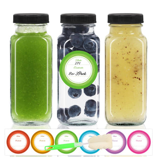 STARSIDE 8 oz 3 Pack Glass Juice Bottles with Lids - Square Reusable Drinking Jars for Juicing, Milk, Kombucha - Includes 1 Bottle Brush, 6 Colored Labels