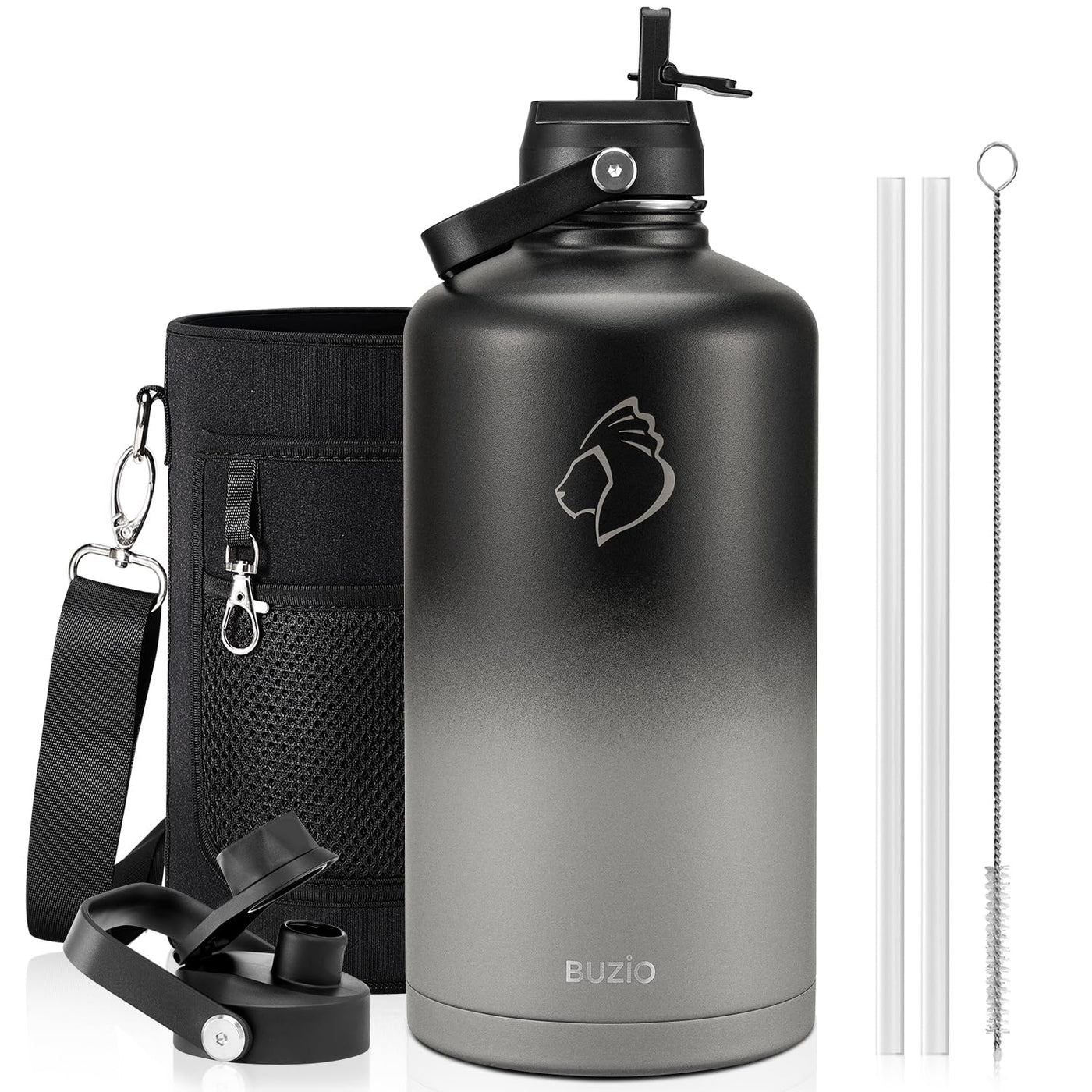 BUZIO 40oz Insulated Water Bottle, Triple Wall Vacuum Stainless Steel Water Flask with 2 lids, Lead-Free BPA-Free Straw Lid Sports Canteen Jug, Cold 48H & Hot 24H- Black