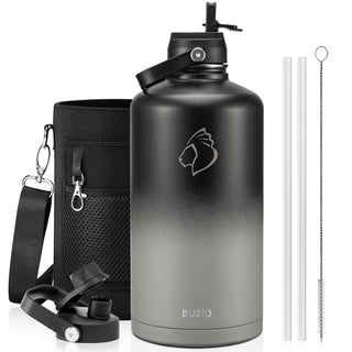 BUZIO 40oz Insulated Water Bottle, Triple Wall Vacuum Stainless Steel Water Flask with 2 lids, Lead-Free BPA-Free Straw Lid Sports Canteen Jug, Cold 48H & Hot 24H- Black