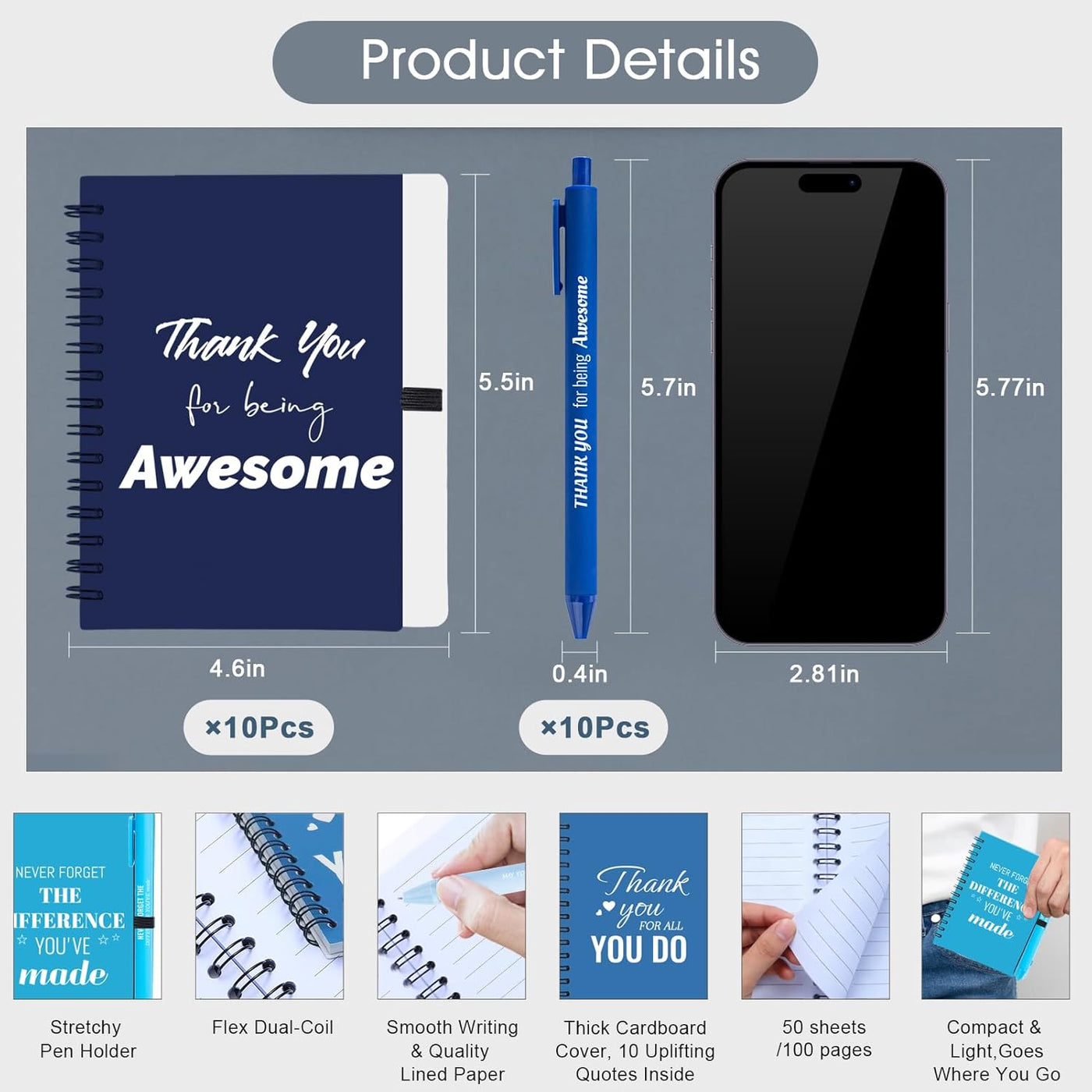 10 Sets/20 Pcs Employee Appreciation Gifts Bulk – Inspirational Notebooks with Motivational Pens, Small Notepads for Coworkers, Office Staff, Team, Volunteer, Nurse, Teachers, Housekeeping (Blue)