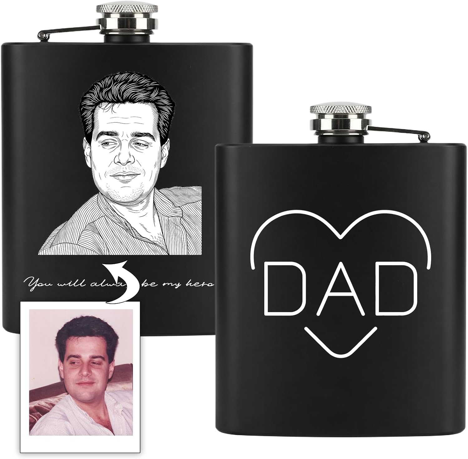 Personalized Photo Flask for Men Custom Engraved Hip Flask with Picture/Text 8 Oz Stainless Steel Leak-Proof Pocket Flask Unique Christmas Father’s Day Wedding Gift for Groomsmen Dad Husband