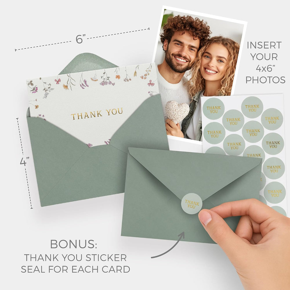 Beautiful Thank You Card Set With Envelopes and Stickers - Set of 20 Elegant Blank Cards For Personalized Notes - Perfect Bulk Stationary Set For All Occasions incl. Weddings, Business & Baby Showers