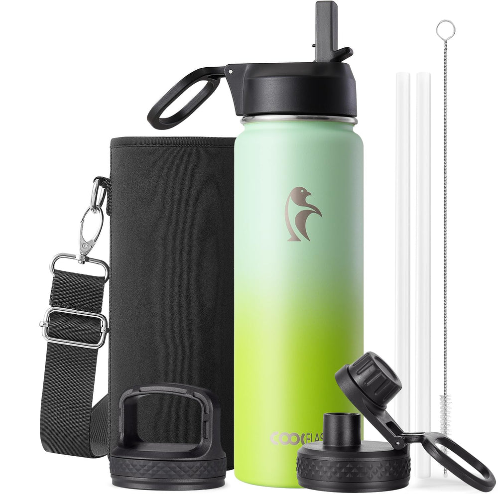 Water Bottle 40 oz Insulated with Straw&Brush, Coolflask Vaccum Stainless Steel Metal 3 Lids Water Flask for Sports, Gym or Office, Keep Cold 48H Hot 24H, Magic Black