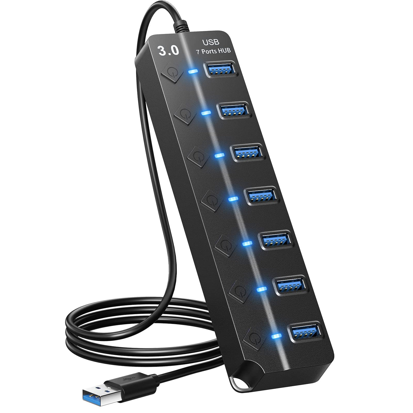 ONFINIO USB Hub 3.0, 7-Port USB Hub Splitter with Individual On/Off Switches and Lights, 3.2ft/1m Long Cable Compatible with MacBook, Laptop, Surface Pro, PS4, PC, Flash Drive, Mobile HDD-Purple