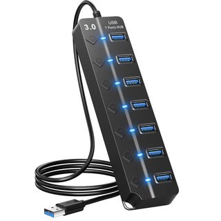 ONFINIO USB Hub 3.0, 7-Port USB Hub Splitter with Individual On/Off Switches and Lights, 3.2ft/1m Long Cable Compatible with MacBook, Laptop, Surface Pro, PS4, PC, Flash Drive, Mobile HDD-Purple
