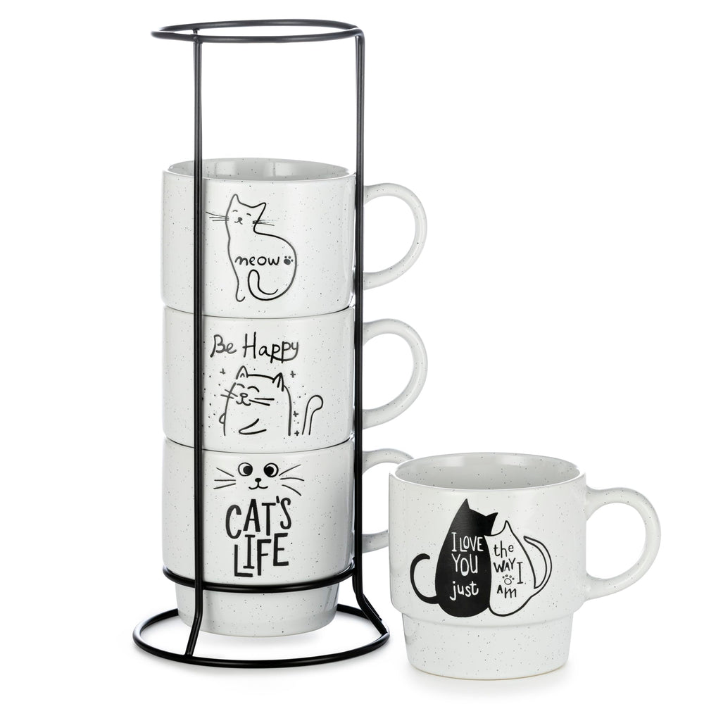 Signature Housewares Stackable Coffee Mug Tower Set with Metal Wire Rack - 15 Ounce Coffee Mugs for Coffee, Tea, Cocoa, Milk, Cappuccino, Hot Chocolate Set of 4 - Be Happy Matte Black