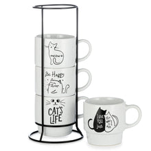 Signature Housewares Stackable Coffee Mug Tower Set with Metal Wire Rack - 15 Ounce Coffee Mugs for Coffee, Tea, Cocoa, Milk, Cappuccino, Hot Chocolate Set of 4 - Be Happy Matte Black