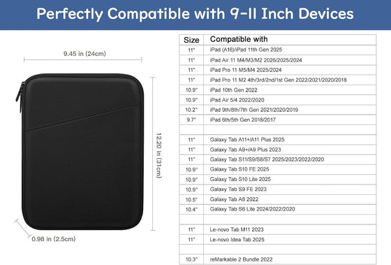 Dadanism 9-11" Tablet Sleeve Bag Carrying Case for iPad (A16) 11th Gen 11", iPad 10th Gen 10.9" Air 5/4, iPad Air M4/Pro 11", iPad 9/8/7th, Galaxy Tab A11+ Plus 11", Remarkable 2 10.3", Black - hover image