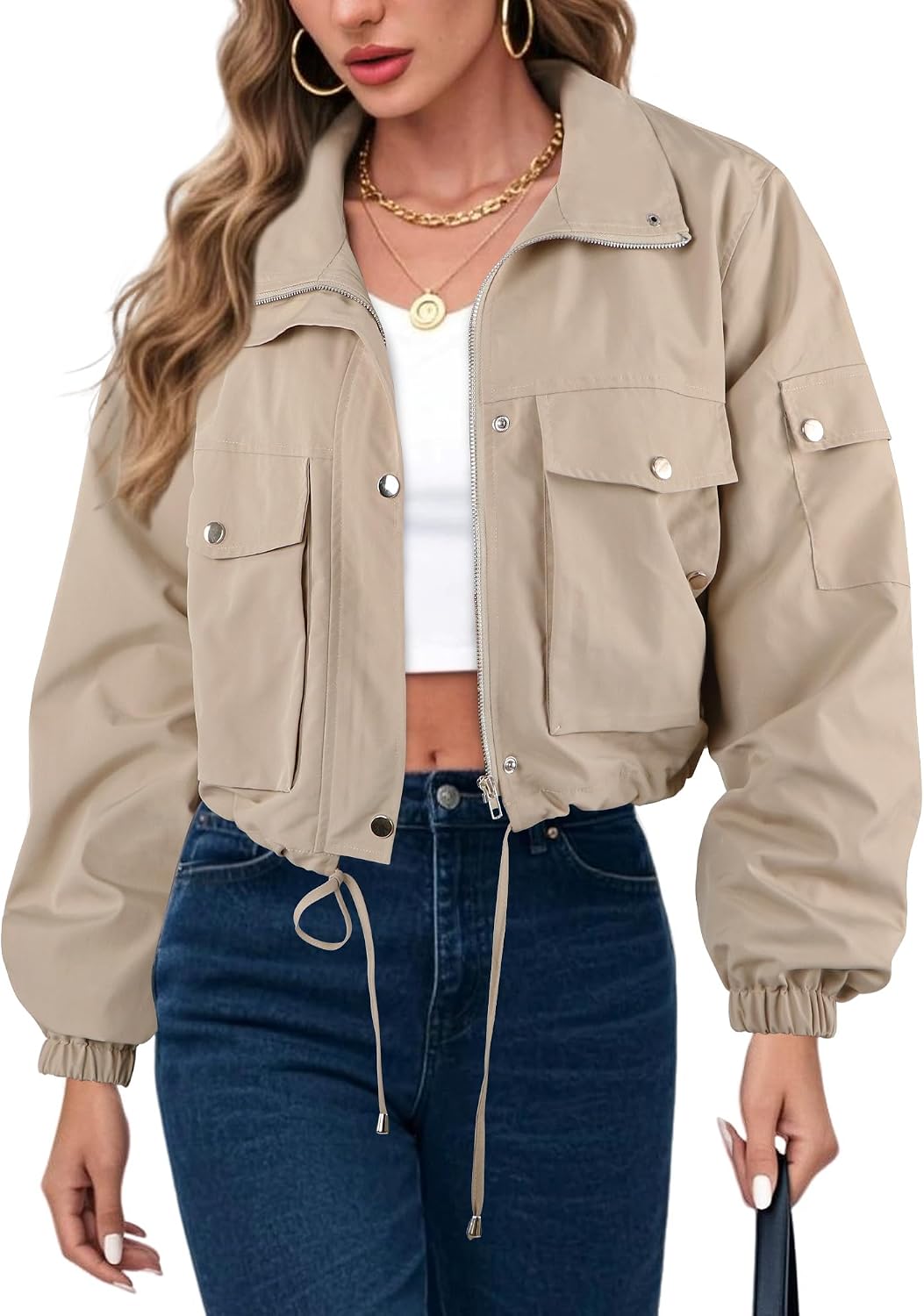 UEAL Womens Cropped Bomber Jacket 2026 Trendy Zip Up Lightweight Utility Anorak Coat With Pockets