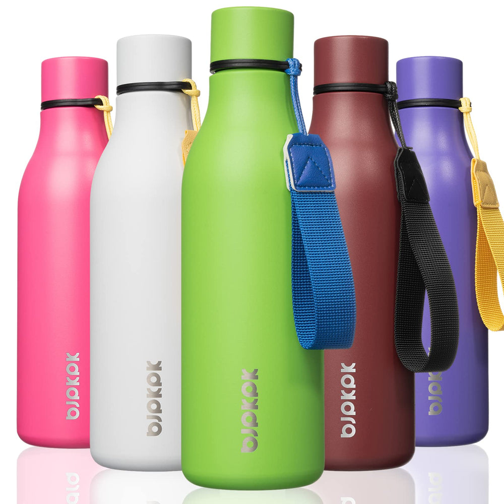 BJPKPK Insulated Water Bottles, 18 oz Stainless Steel Metal Water Bottle with Strap, BPA Free Leak Proof Jugs, Mugs, Flasks, Reusable Thermal Flasks for Sports & Travel, Orange