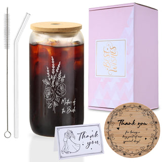 Mr. & Mrs. Glass Tumbler Set, 16oz Glass Cups with Bamboo Lids, Straws & Coasters, Bridal Shower & Wedding Thank You Gift for Couples