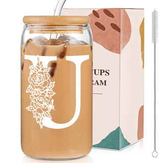 DWTS DANWEITESI Birthday Gifts for Women: Initial Glass Cup as Office Graduation Memorial Holiday Personalized Gifts - for Teacher Employee Nurse Coworkers Bridesmaid Bride - R Aesthetic Cup