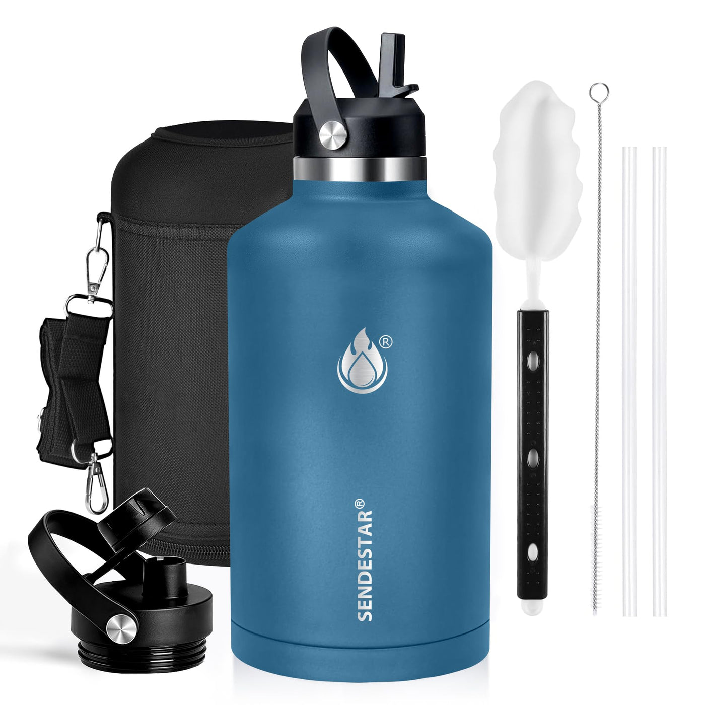 SENDESTAR Water Bottle 32oz Double Wall Vacuum Insulated Leak Proof Stainless Steel Sports Water Bottle—Wide Mouth with New Flex Straw Lid & Spout Lid (Deep Blue&Black)