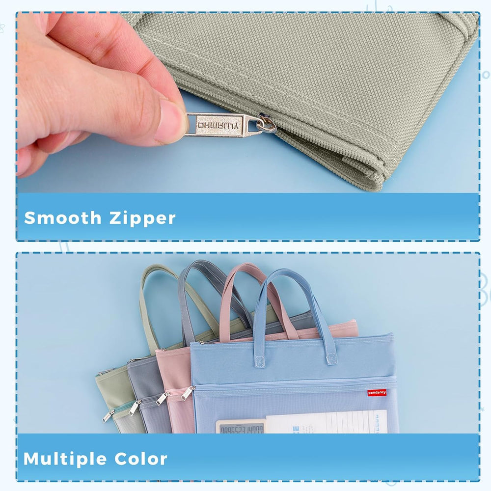 Pendancy Mesh Zipper Pouch A4 Size, Large Double Pocket Waterproof File Bag with Handle, 11x13.8 in Foldable Document Storage for Puzzle Project/Cross Stitch/Travel/Office（Advanced Green）