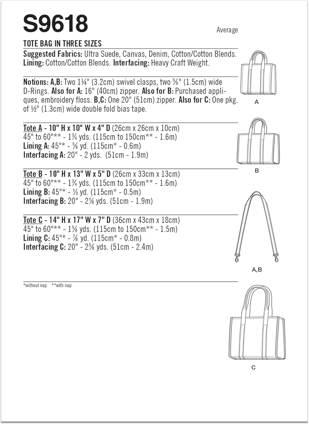 Simplicity SS9618OS Tote Bag Sewing Pattern Kit, Code S9618, One Size