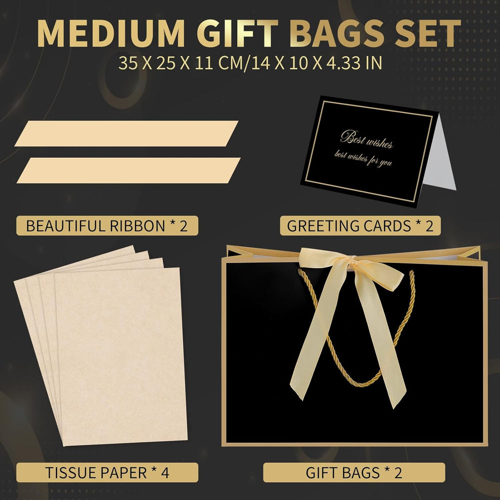woric Black Gift Bags with Handles, 14" Medium Gift Bag with Tissue Paper, 2 Pcs Bags with 4 Tissue Paper and 2 Cards for Men Graduation Father's Day Birthday Party