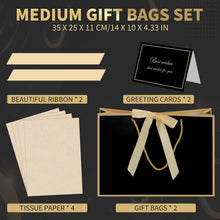woric Black Gift Bags with Handles, 14" Medium Gift Bag with Tissue Paper, 2 Pcs Bags with 4 Tissue Paper and 2 Cards for Men Graduation Father's Day Birthday Party