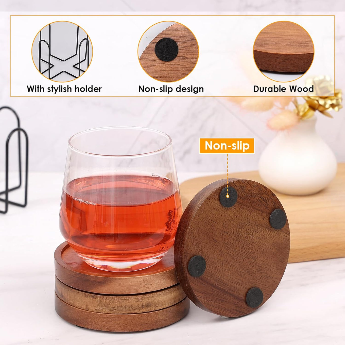 4 Pcs Wood Coasters for Drinks Absorbent, Wooden Coasters with Holder, Drink Coasters for Coffee Table, Absorbent Coaster Set for Table Protection Drink Coasters for Farmhouse, Office, Bar