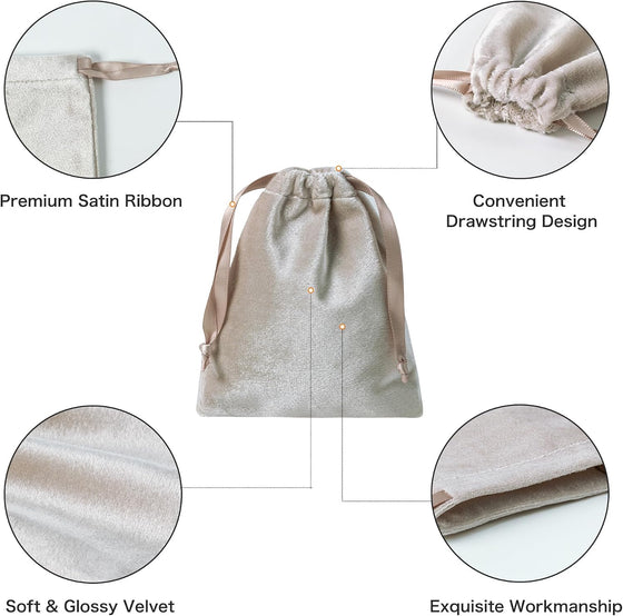 QIANF 12pcs Light Champagne Velvet Drawstring Bags 4x6 inches Glossy Small Velvet Cloth Gift Bags Jewelry Pouches for Storage Wedding Party Favor Christmas - hover image