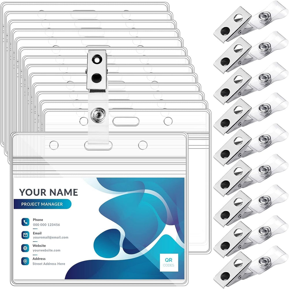 10 Sets Badge Holders and Metal Clips Clear Horizontal Name Tag ID Card Holder with Clip Waterproof ID Badge Holder with Metal Clips