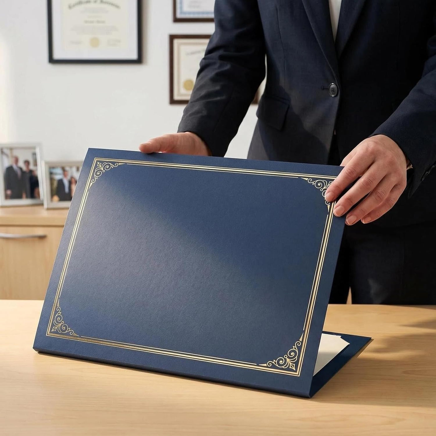 SUNEE 10 Packs Navy Blue Certificate Holders, 250gsm, for 8.5x11 Award Certificates, Certificate Covers with Gold Foil Border