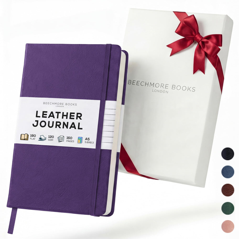 BEECHMORE BOOKS Premium Lined Leather Journal for Men & Women, 5" x 8" (A5) Thick 120gsm Ivory Cream Paper Notebook, Hardcover Vegan Leather Personal Diary, With Gift Box (Chestnut Brown)