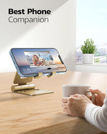 Nulaxy Dual Folding Cell Phone Stand, Fully Adjustable Foldable Desktop Phone Holder Cradle Dock Compatible with iPhone 17 16 15 14 13 12 11 Pro Xs Xs Max Xr X 8, Nintendo Switch, All Phones - Gold