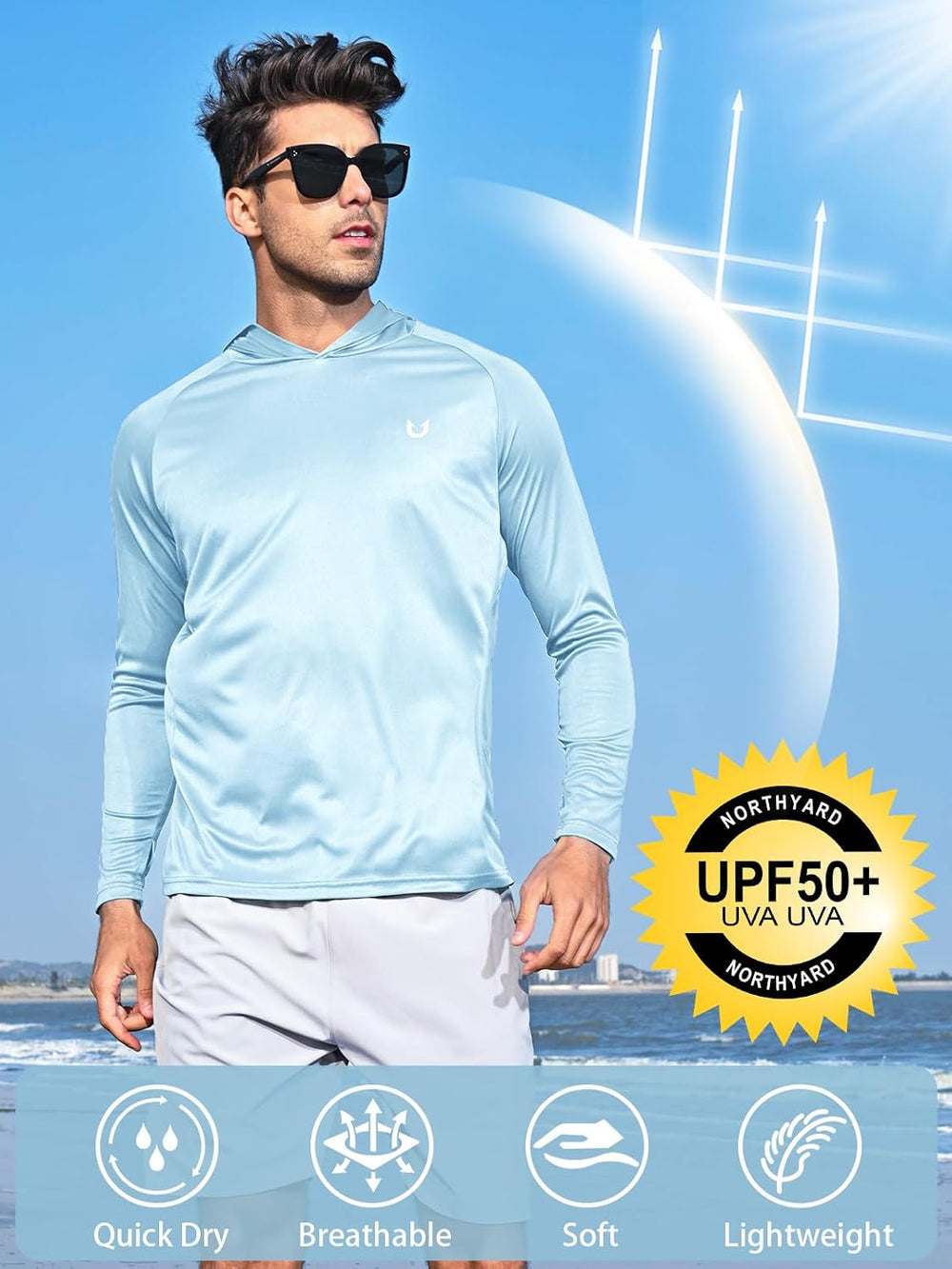 NORTHYARD Men's UPF 50+ Rash Guard Hoodie Long Sleeve Sun Protection Shirt Fishing Swim Beach Hiking Quick Dry Lightweight