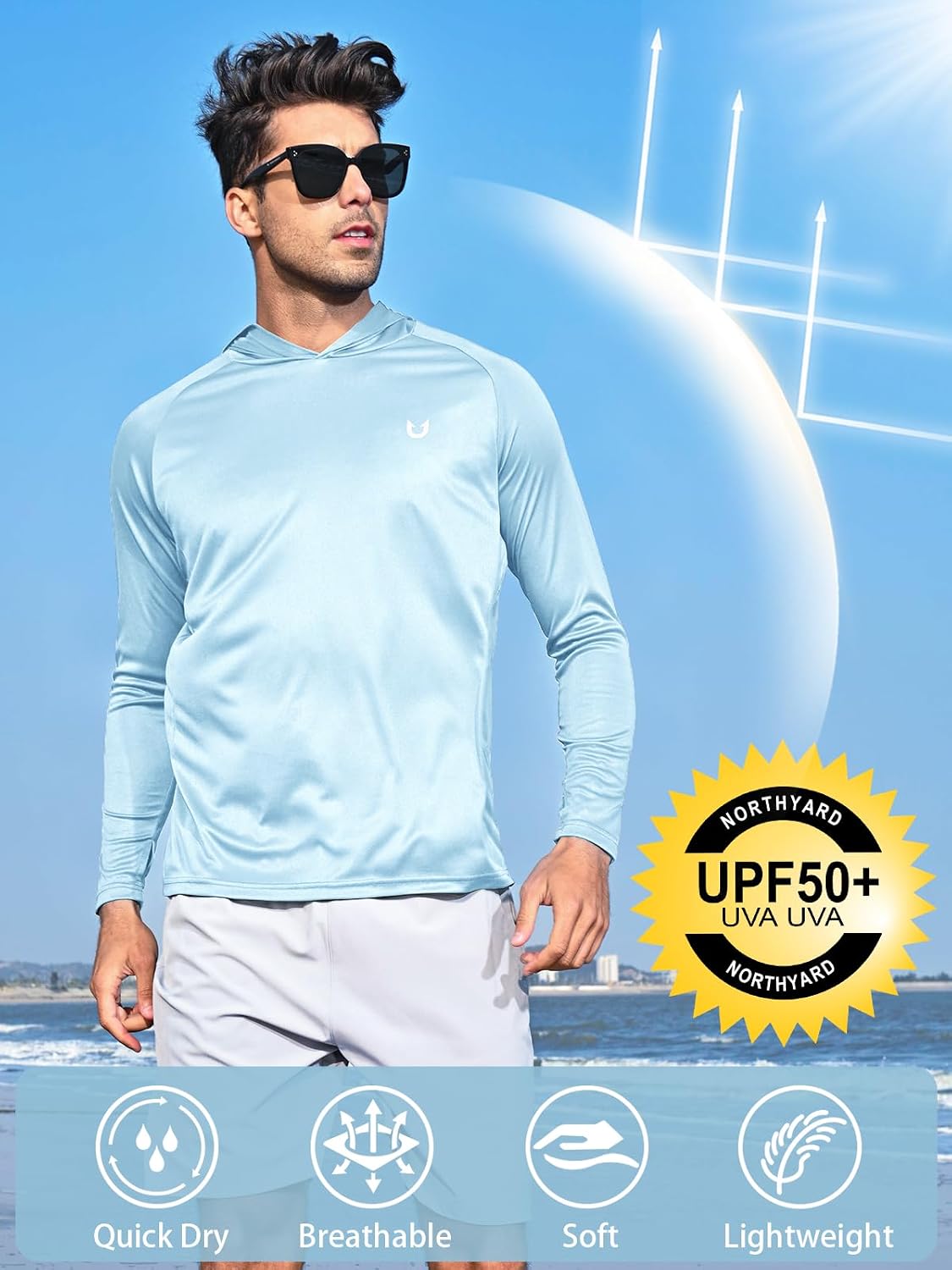 NORTHYARD Men's UPF 50+ Rash Guard Hoodie Long Sleeve Sun Protection Shirt Fishing Swim Beach Hiking Quick Dry Lightweight