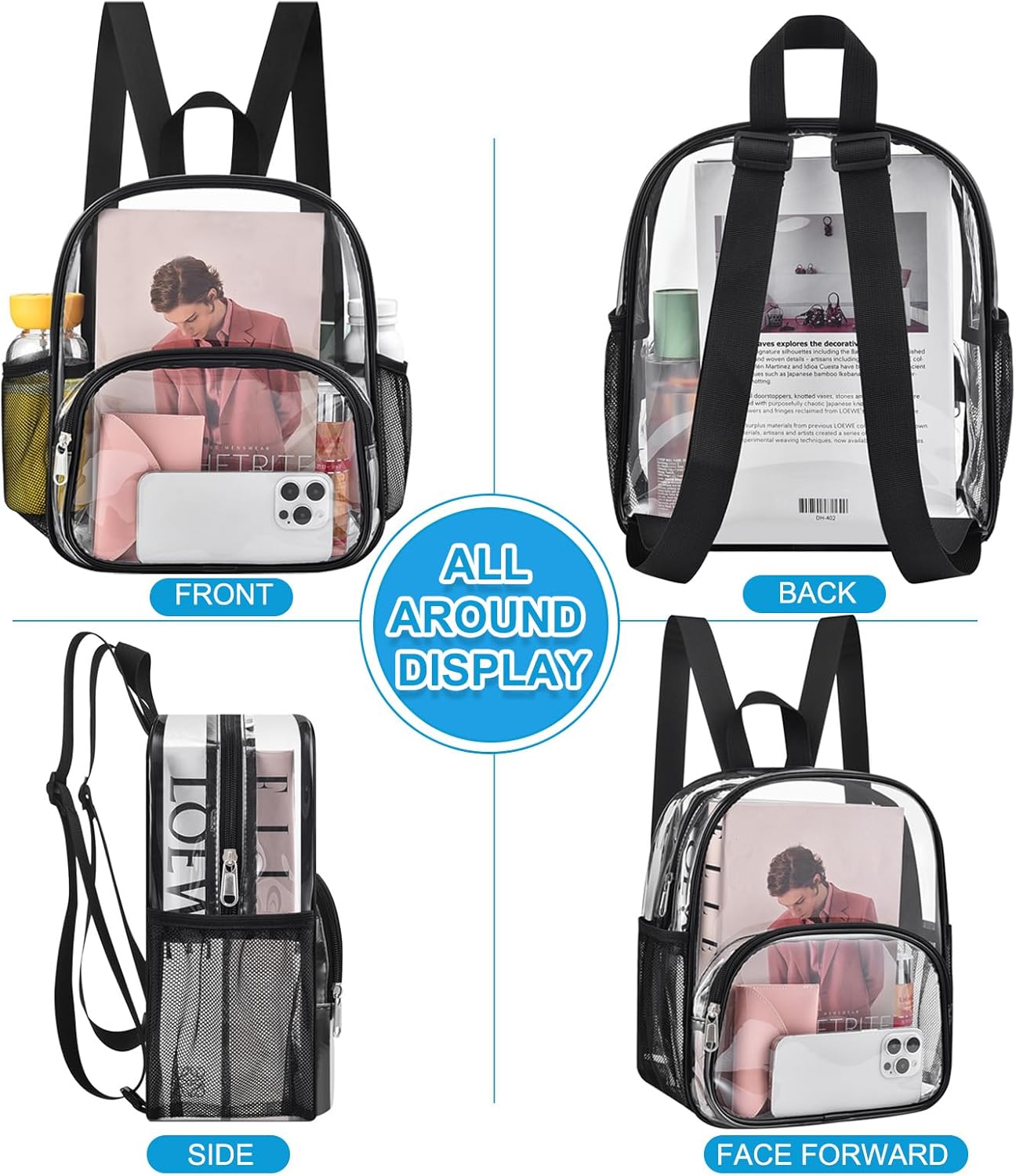 Busiuw Clear Backpack for Stadium Events Stadium Approved Clear Backpack 12x12x6 with Front Pocket for Concert Sport Fashion Women Backpack Events Work Travel